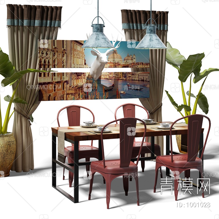 餐桌椅组合 窗帘3D模型下载【ID:1001028】