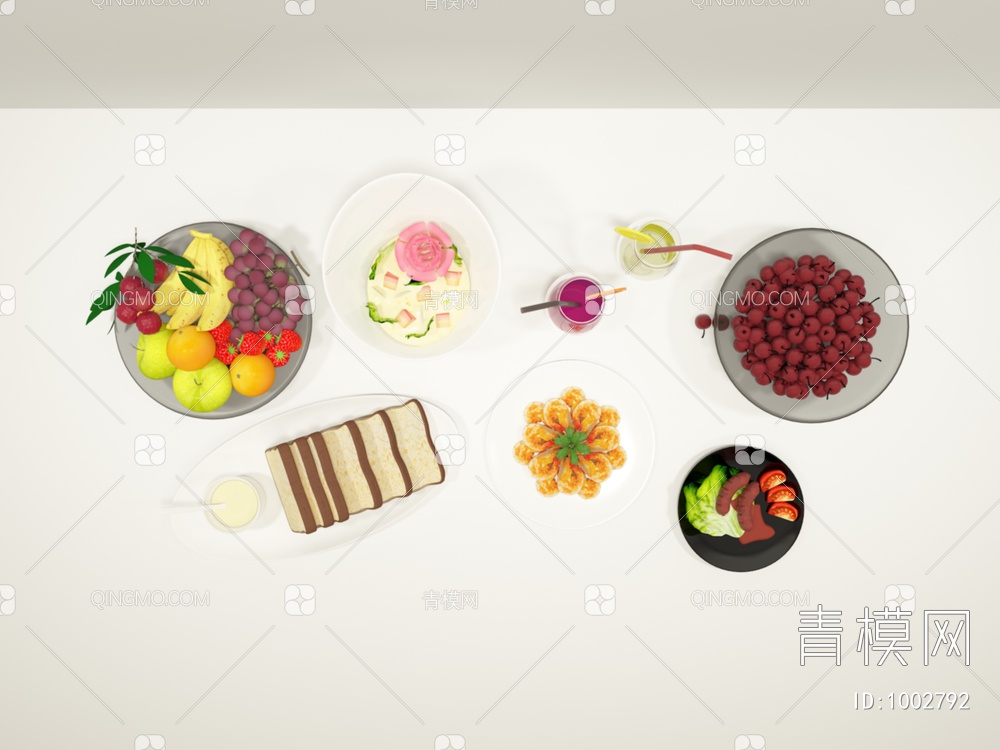 果盘料理饮品组合3D模型下载【ID:1002792】