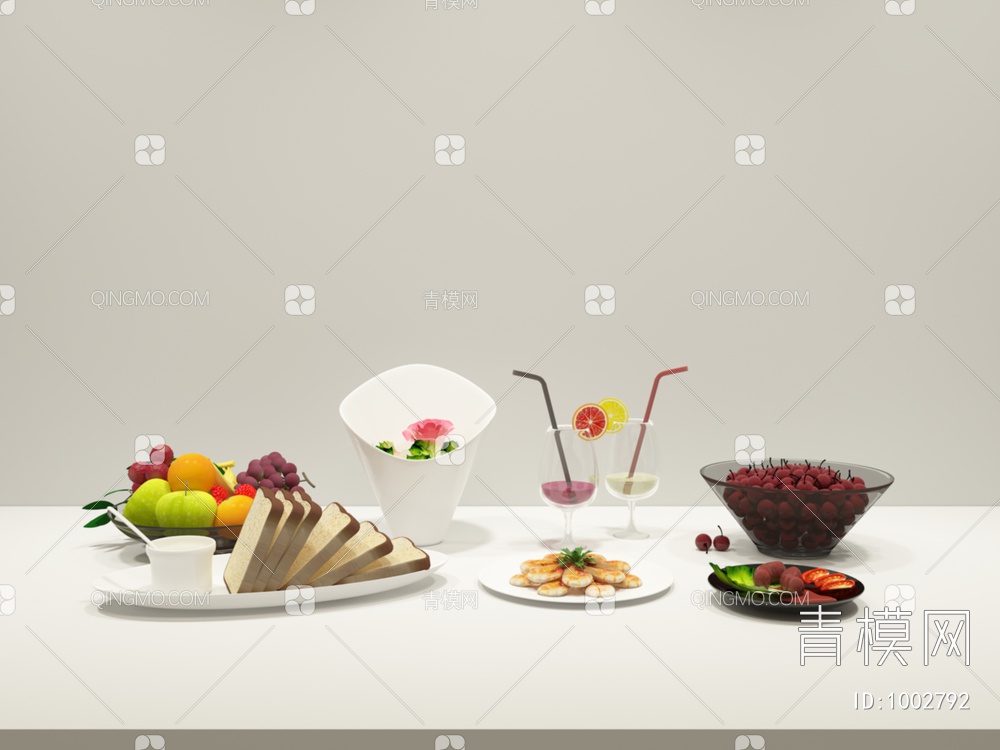 果盘料理饮品组合3D模型下载【ID:1002792】