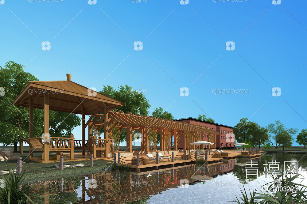 公园景观湖景，凉亭3D模型下载【ID:1003293】