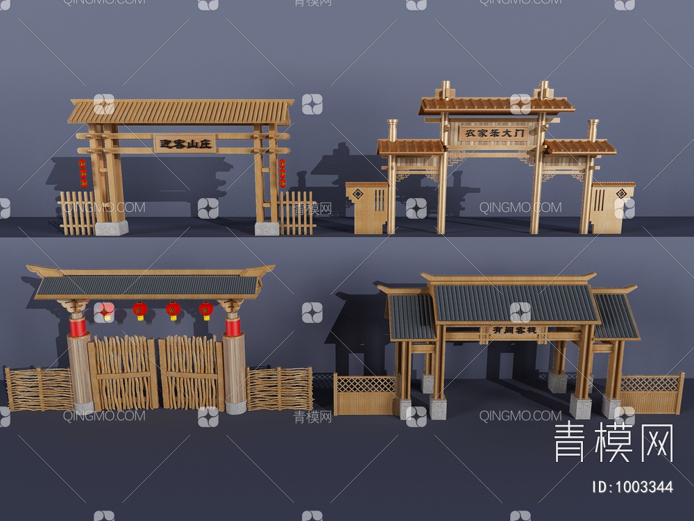 山庄度假村入口大门，门3D模型下载【ID:1003344】