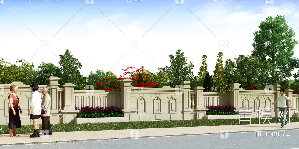 景观树 院墙围墙3D模型下载【ID:1008564】
