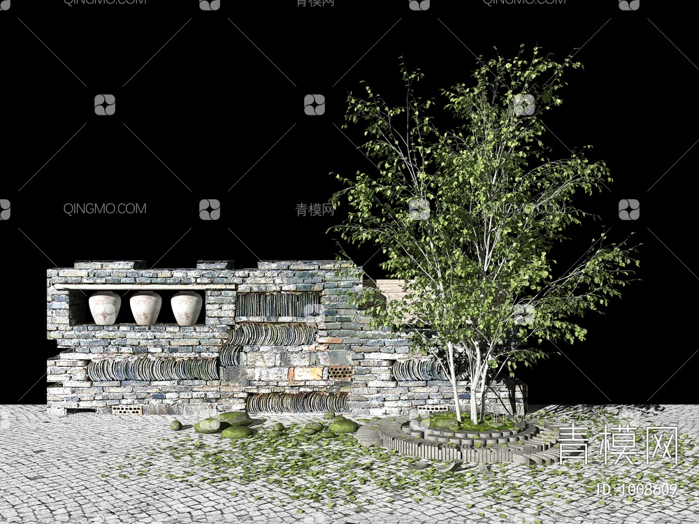 景观树 残破院墙 围墙3D模型下载【ID:1008609】