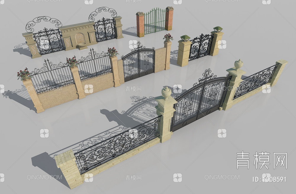 护栏围栏围墙院墙，大门3D模型下载【ID:1008591】