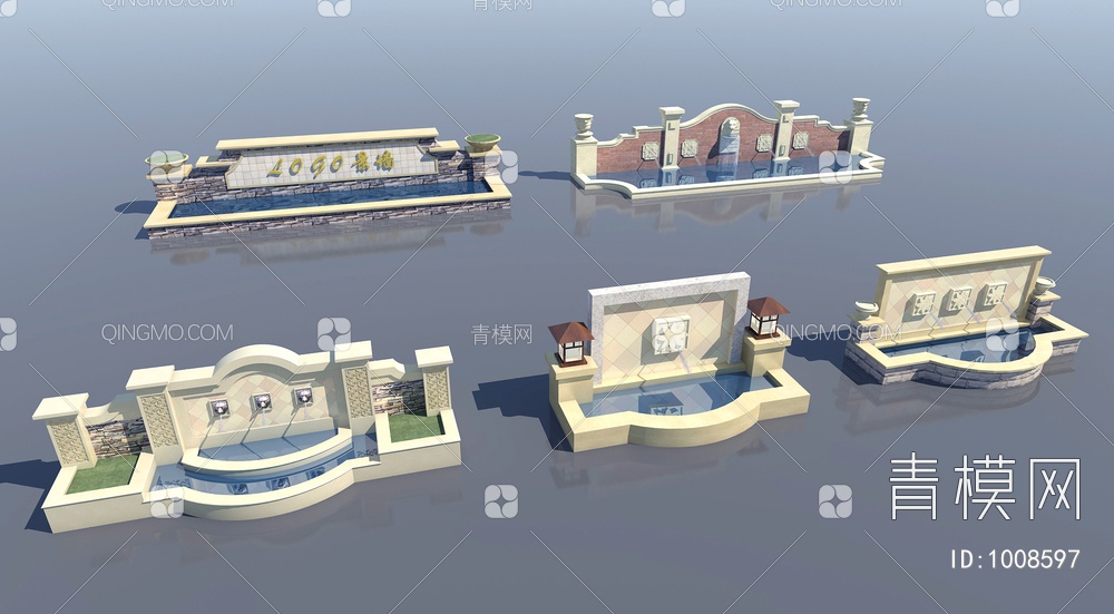 景观墙喷泉水景水池3D模型下载【ID:1008597】