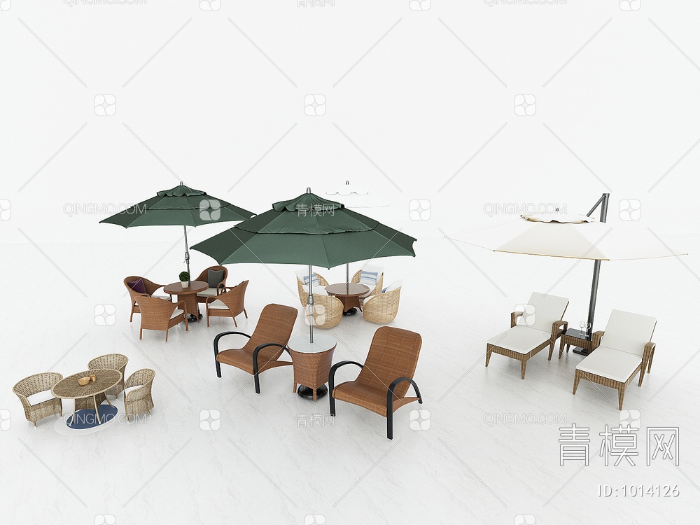 休闲遮阳伞，室外休闲桌椅，躺椅，沙滩遮阳伞，庭院躺椅遮阳伞3D模型下载【ID:1014126】