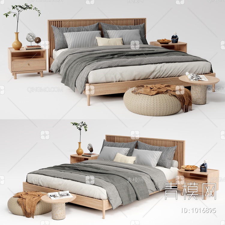 双人床组合 床头柜3D模型下载【ID:1016895】