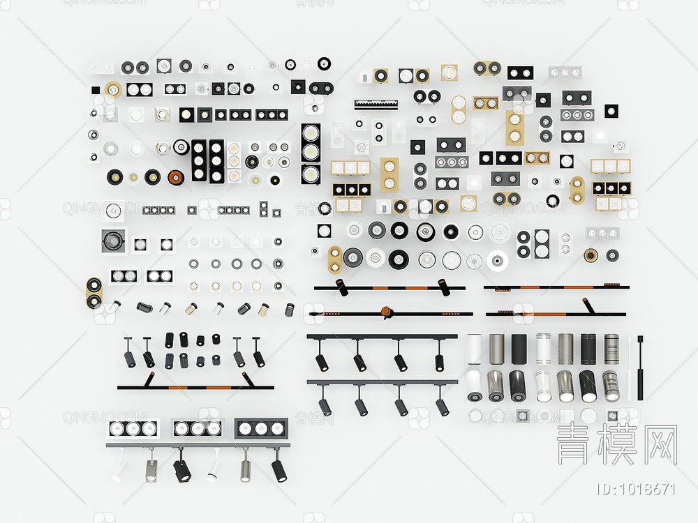 灯组合，筒灯，射灯，牛眼灯，线性轨道灯，轨道射灯3D模型下载【ID:1018671】