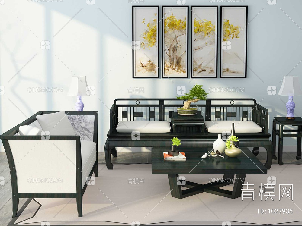 罗汉床沙发组合3D模型下载【ID:1027935】