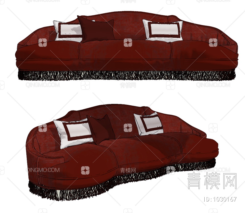 红色绒布多人沙发SU模型下载【ID:1030167】