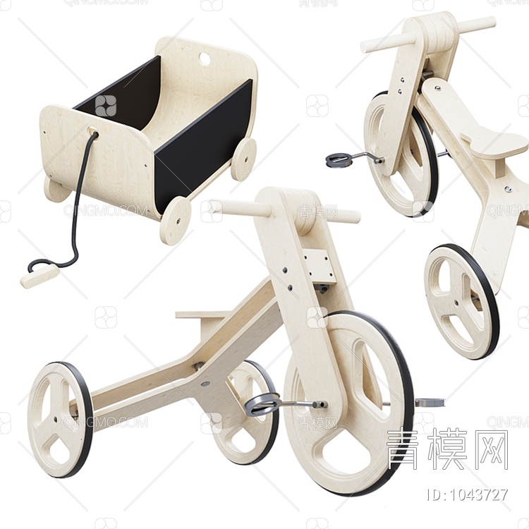 儿童木玩具车 玩具拖车组合3D模型下载【ID:1043727】