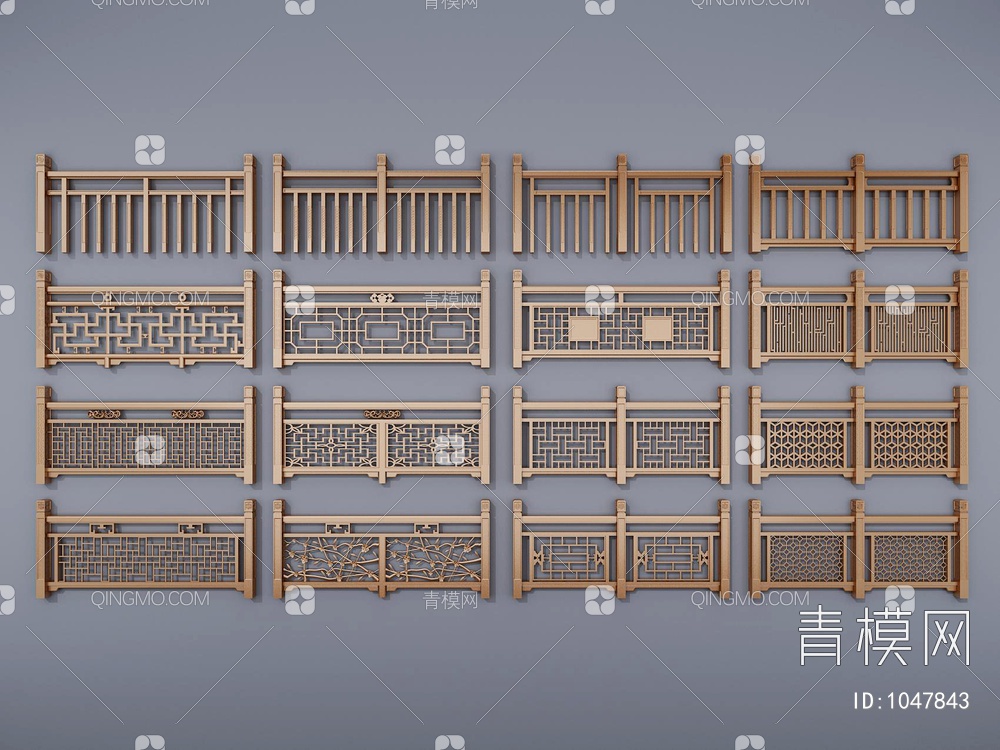 实木雕花栏杆，围栏3D模型下载【ID:1047843】