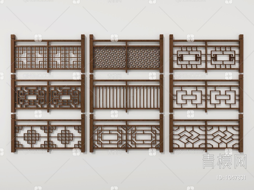 实木雕花栏杆，围栏3D模型下载【ID:1047831】