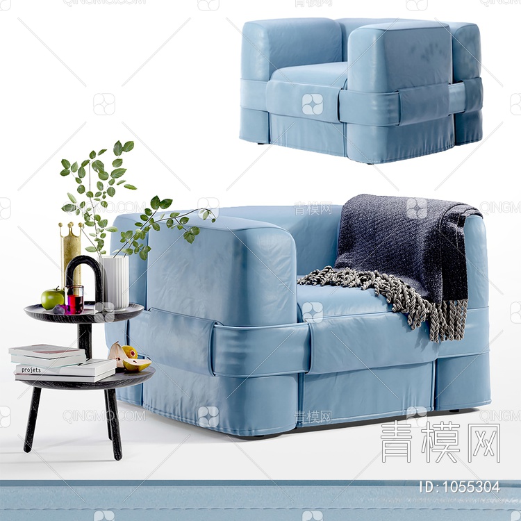 蓝色皮沙发 休闲沙发3D模型下载【ID:1055304】