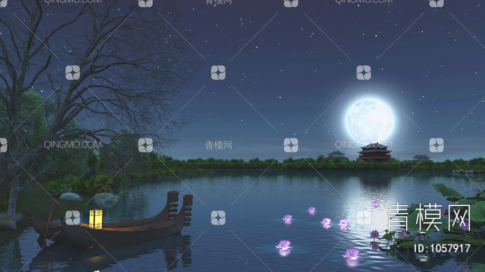 夜晚湖景景观3D模型下载【ID:1057917】