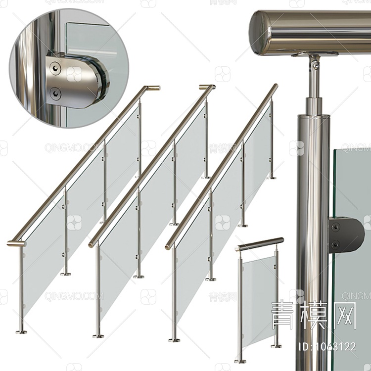 玻璃栏杆 不锈钢栏杆 楼梯扶手3D模型下载【ID:1063122】
