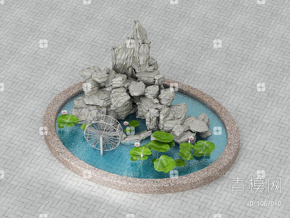 喷泉水景，假山水景水池，荷花池，荷叶，广场景观池3D模型下载【ID:1067010】