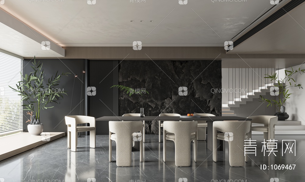 餐厅 餐桌 餐椅 饰品 窗帘 地板3D模型下载【ID:1069467】