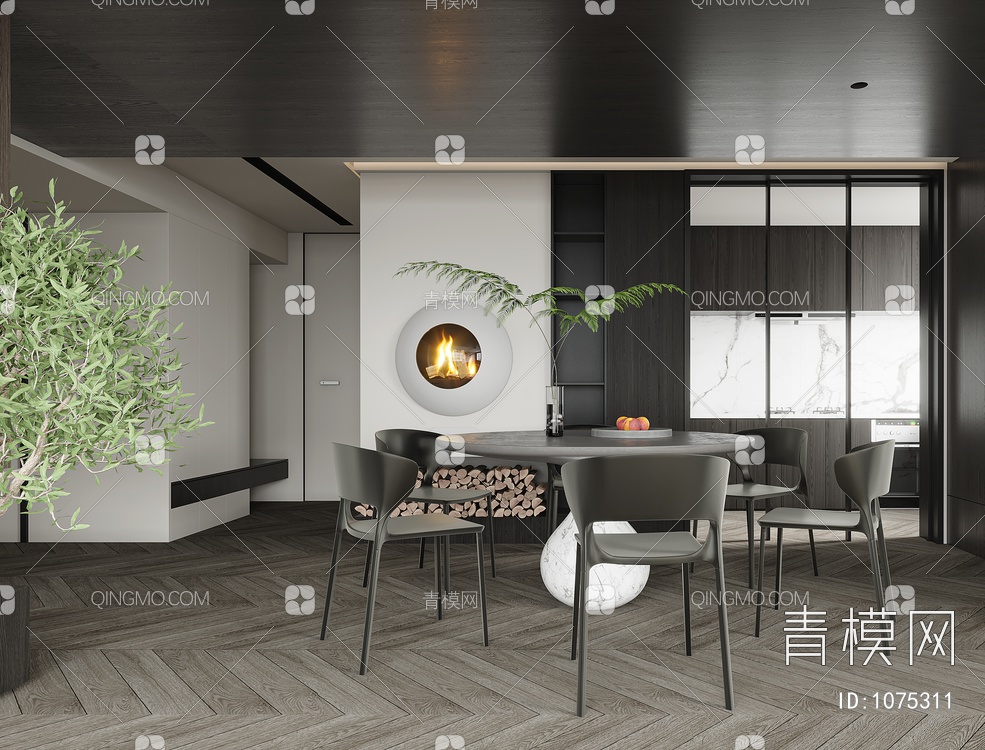 餐厅 餐桌 餐椅 饰品 窗帘 地板3D模型下载【ID:1075311】