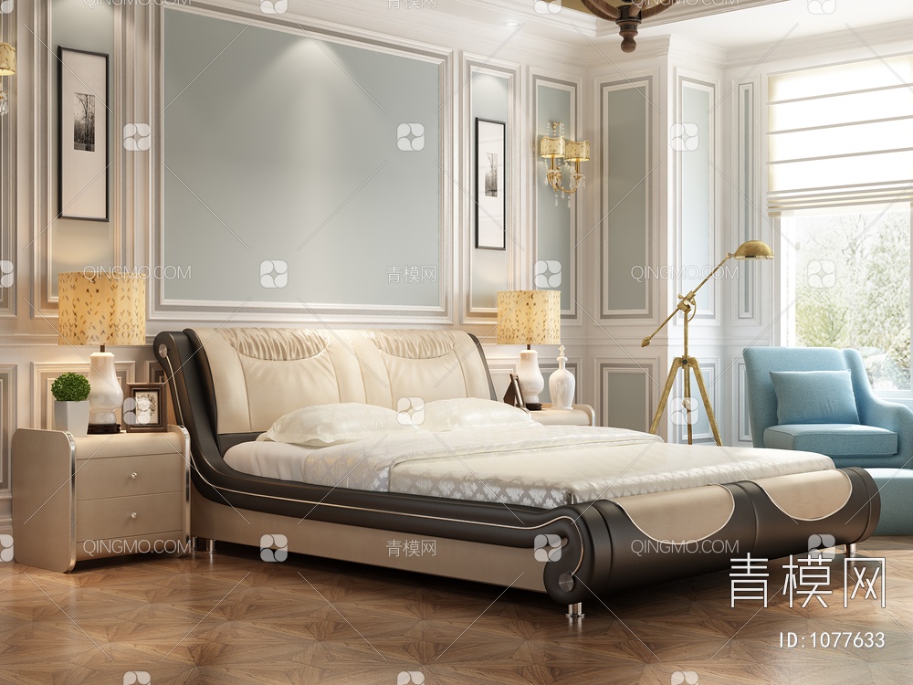 卧室 皮床 床头柜3D模型下载【ID:1077633】