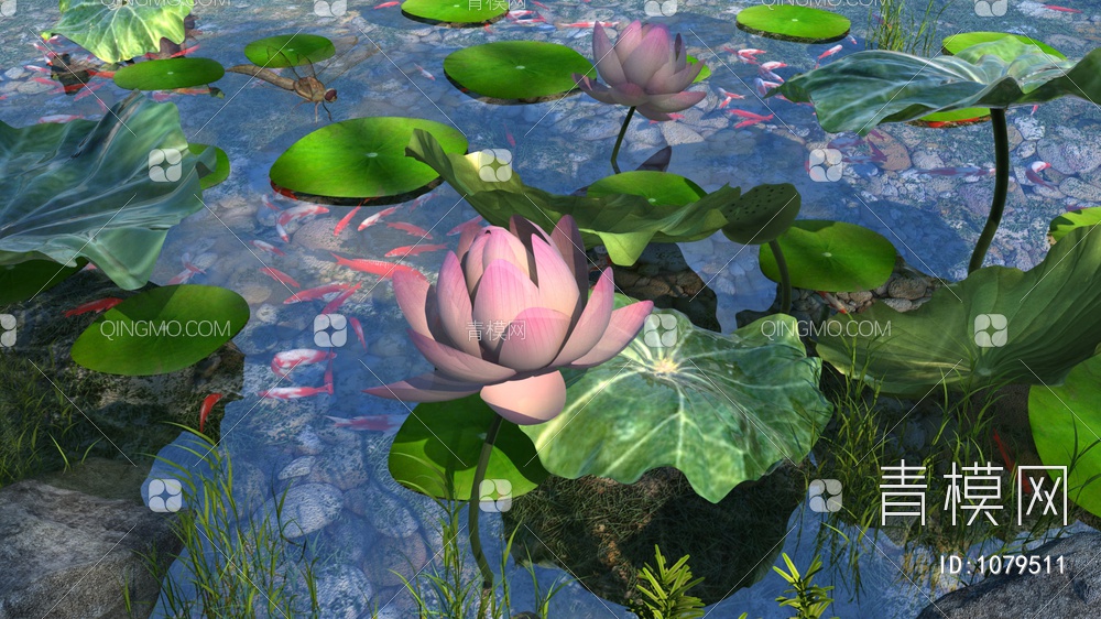 荷花 鱼 蜻蜓飞动 游动鱼儿水面 水景素材 湖面3D模型下载【ID:1079511】