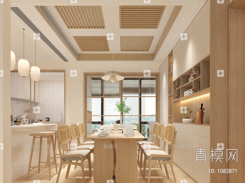 客餐厅 开放式厨房 木地板 吊灯 沙发 餐桌 客厅3D模型下载【ID:1082871】