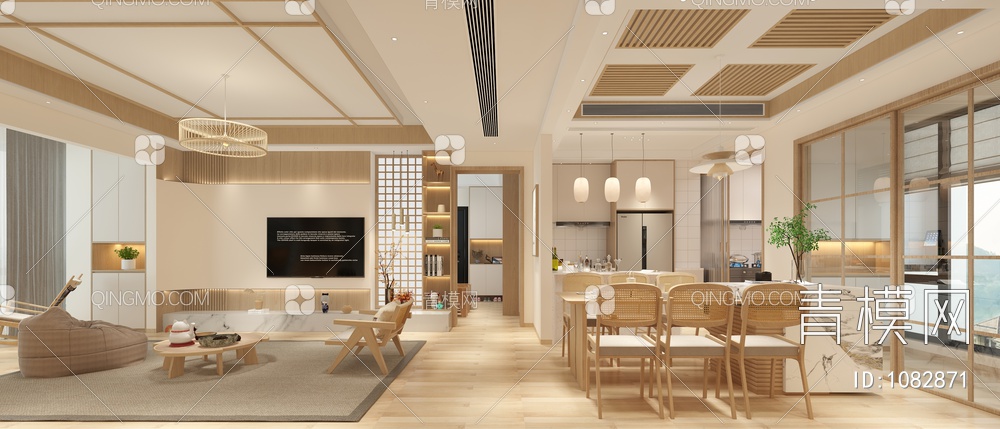 客餐厅 开放式厨房 木地板 吊灯 沙发 餐桌 客厅3D模型下载【ID:1082871】