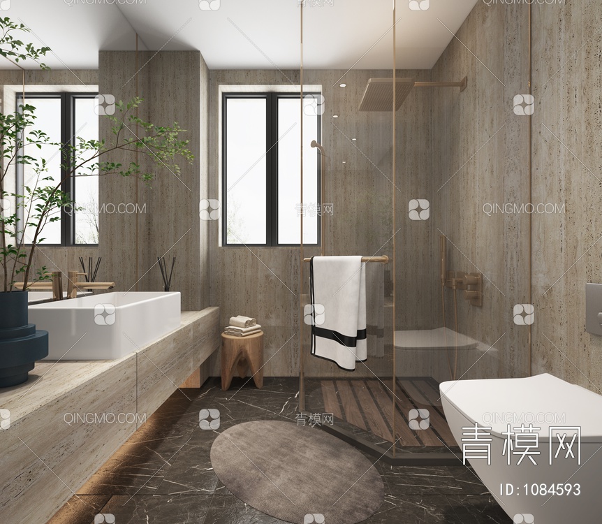 卫生间 洗手台 马桶 淋浴房 绿植3D模型下载【ID:1084593】