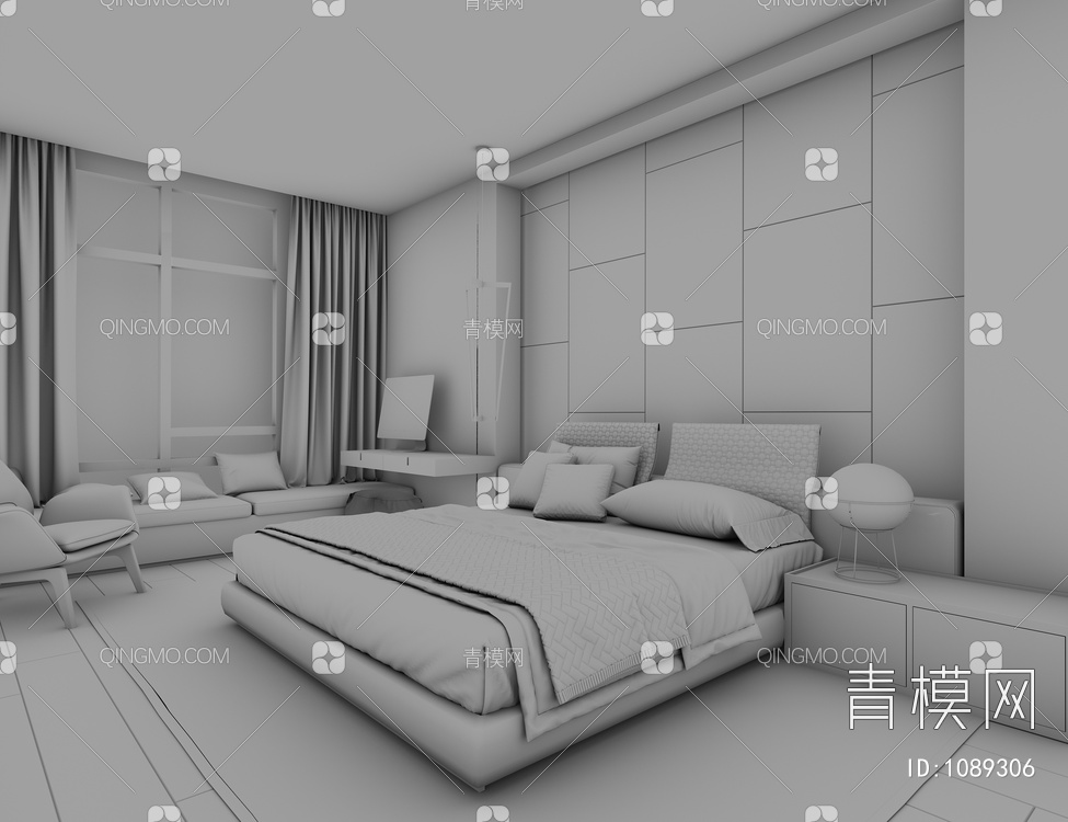 卧室台灯地毯床吊灯米3D模型下载【ID:1089306】