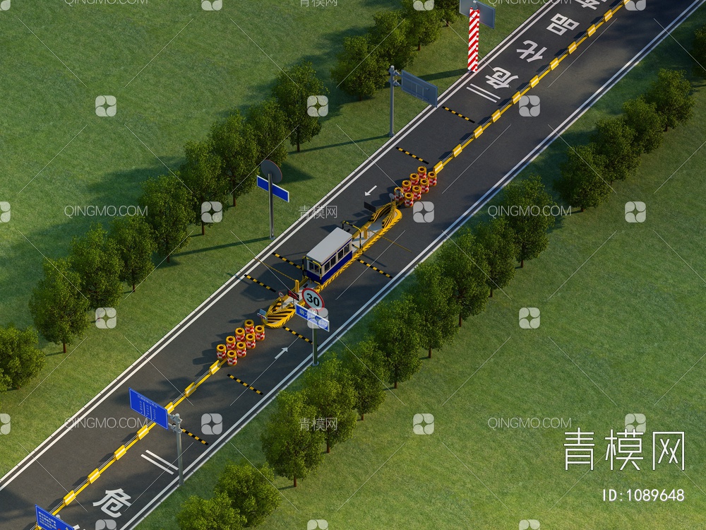道路检车点，道路，岗亭，防撞柱，道路指示牌3D模型下载【ID:1089648】