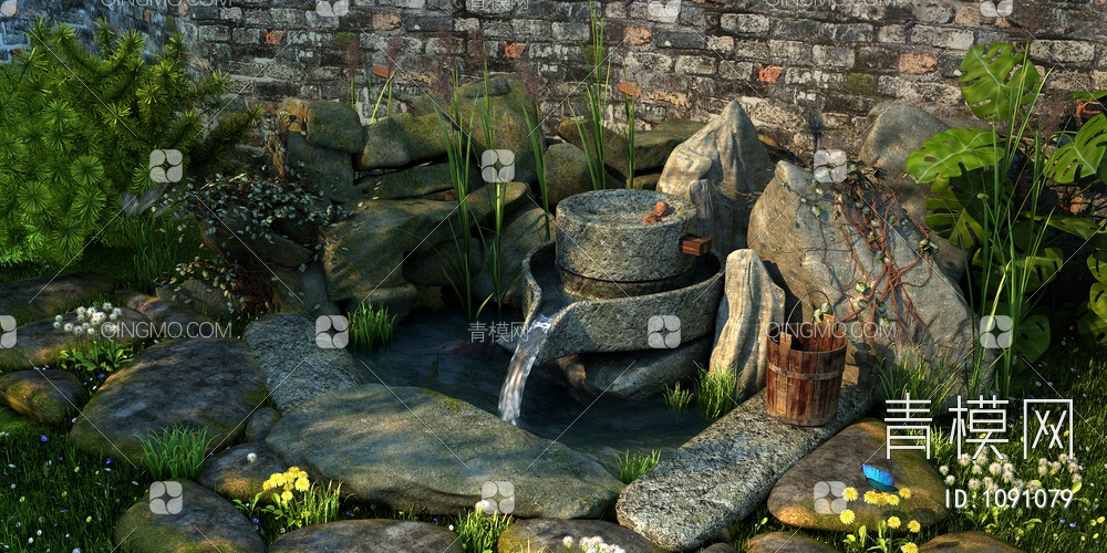 景观小品 水磨 石磨 磨盘 石头3D模型下载【ID:1091079】