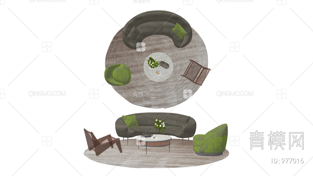 弧形半圆形异形沙发茶几SU模型下载【ID:977016】