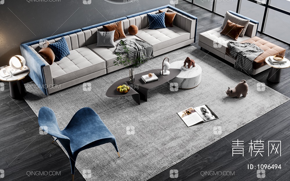沙发茶几组合，单人休闲椅组合，绿植，饰品摆件3D模型下载【ID:1096494】