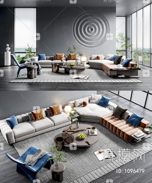 沙发茶几组合，单人休闲椅组合，绿植，饰品摆件3D模型下载【ID:1096479】