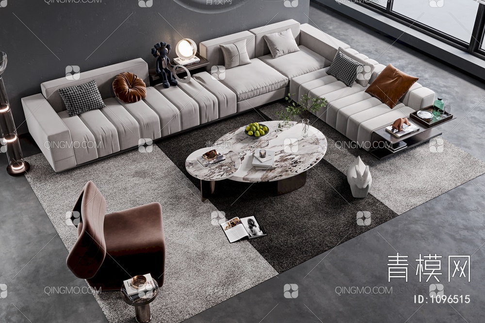 沙发茶几组合，单人休闲椅组合，绿植，饰品摆件3D模型下载【ID:1096515】