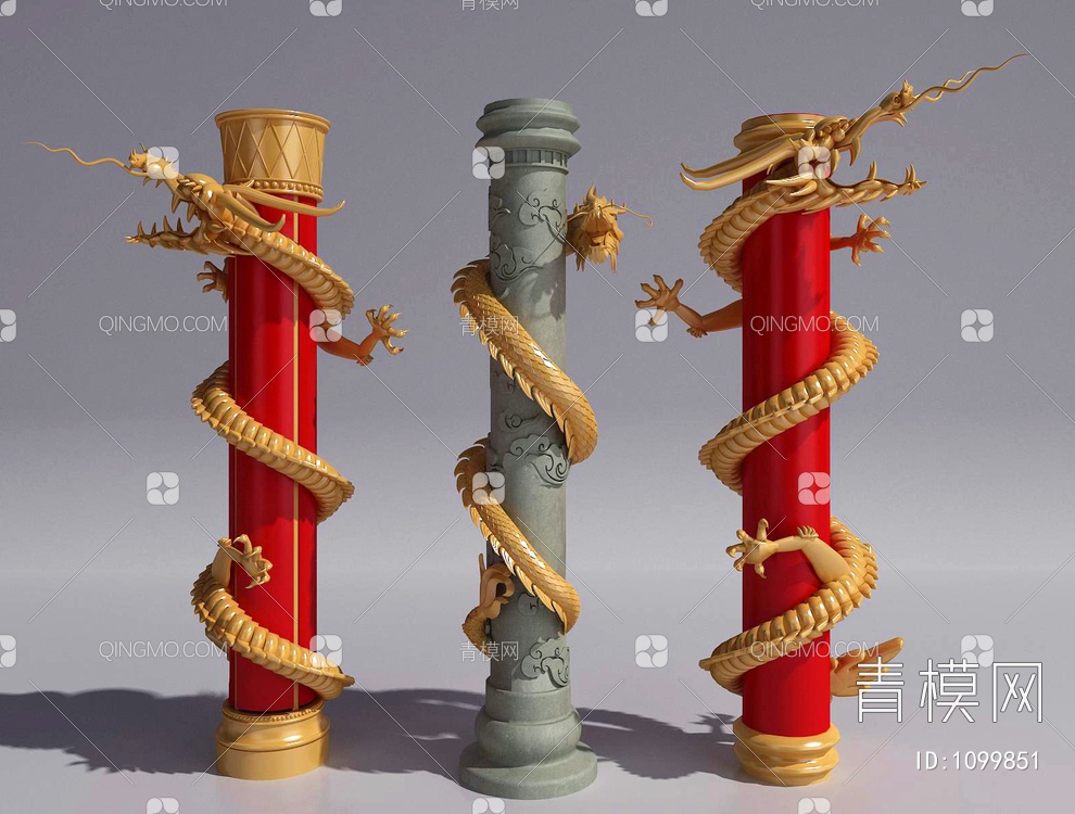 盘龙柱,红漆,云纹石刻3D模型下载【ID:1099851】