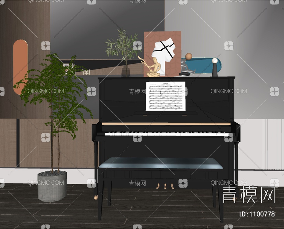 黑色钢琴SU模型下载【ID:1100778】