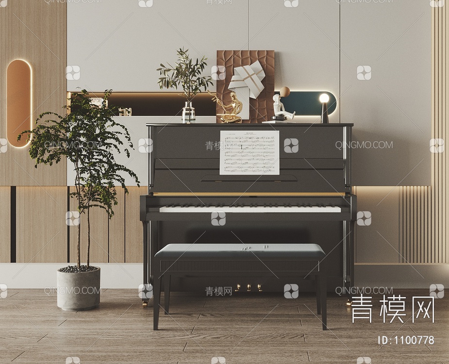 黑色钢琴SU模型下载【ID:1100778】