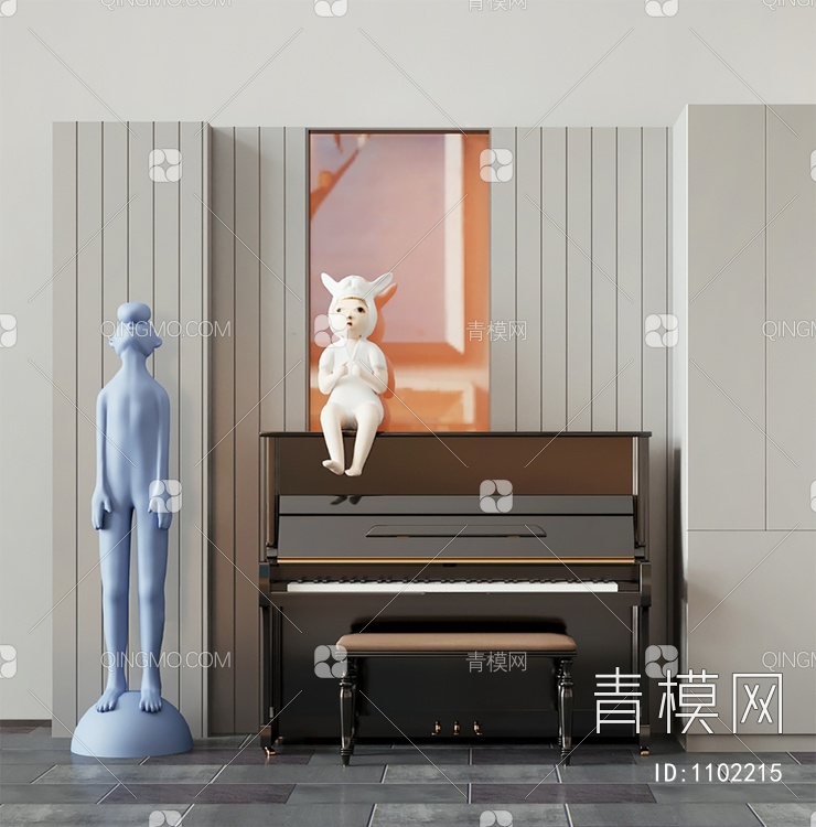 黑色钢琴人形雕塑SU模型下载【ID:1102215】