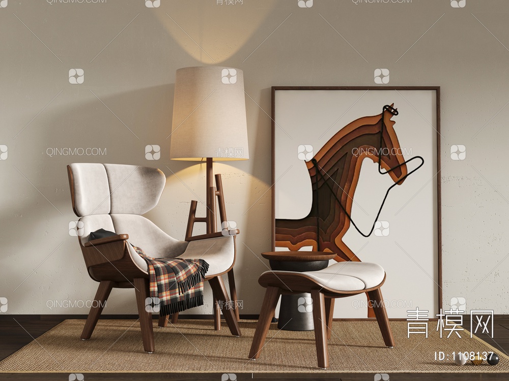 休闲椅,单人沙发,边几,挂画,地毯,落地灯3D模型下载【ID:1108137】
