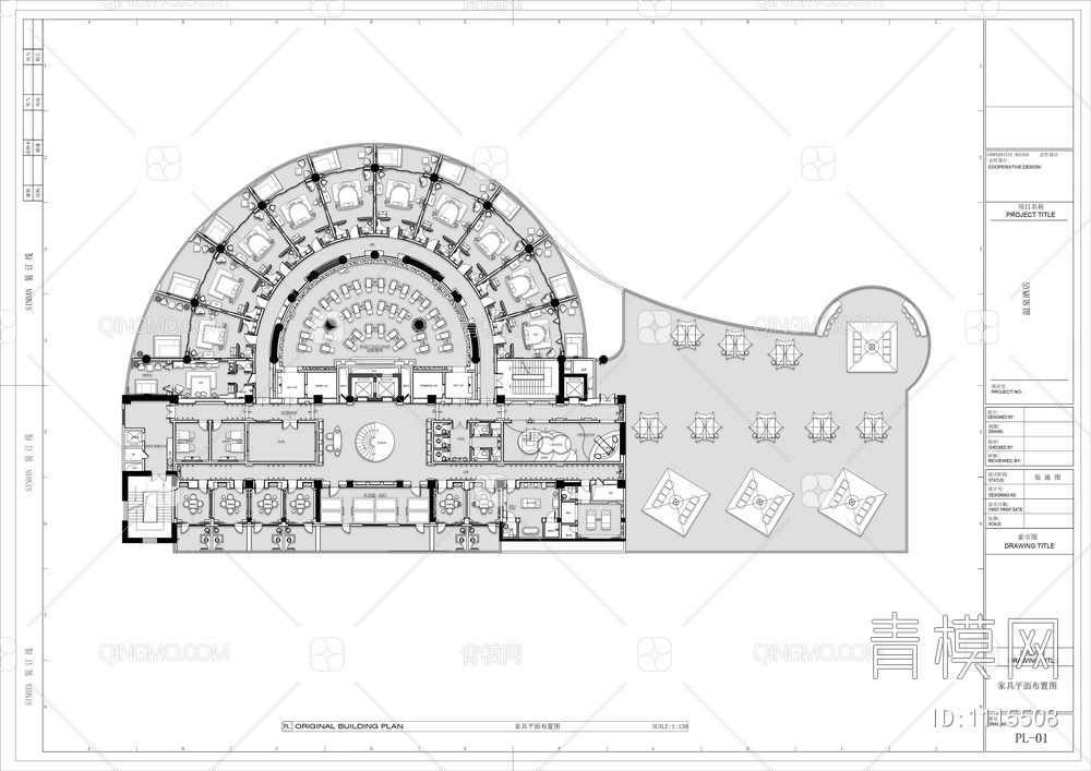 2500㎡圆形弧形温泉酒店CAD平面方案【ID:1115508】