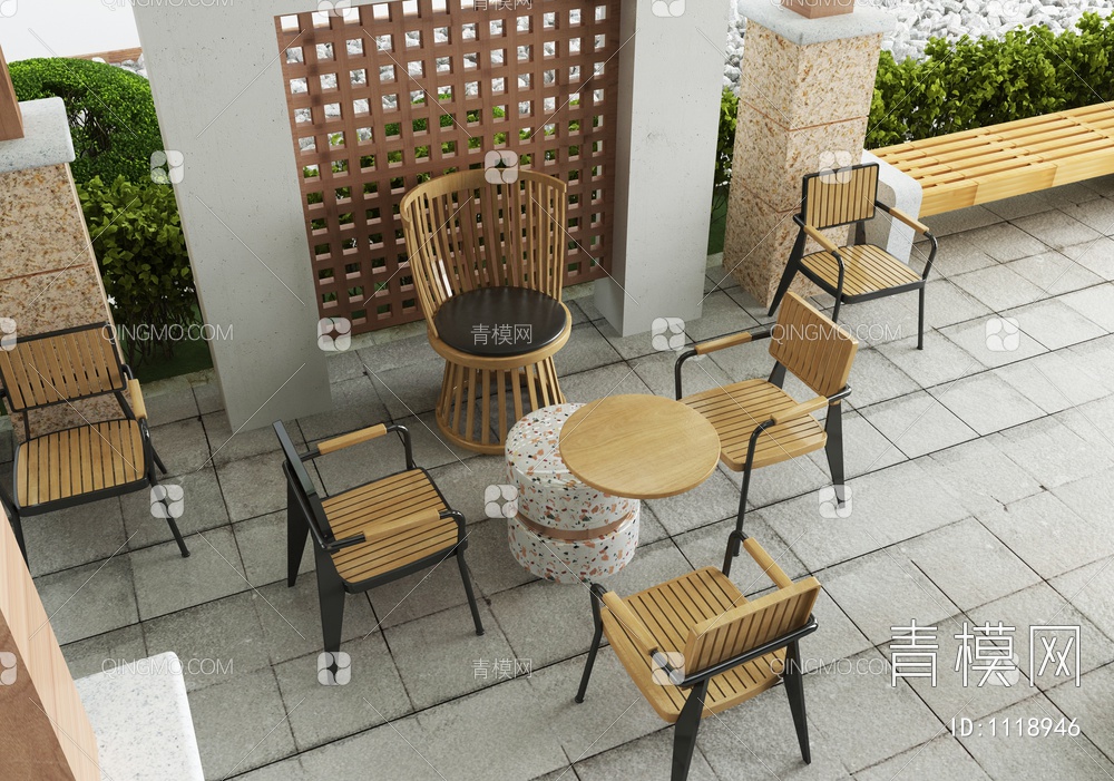 户外桌椅组合，桁架，廊架，植物，木质椅子组合，户外休闲椅，亭子，凉亭3D模型下载【ID:1118946】