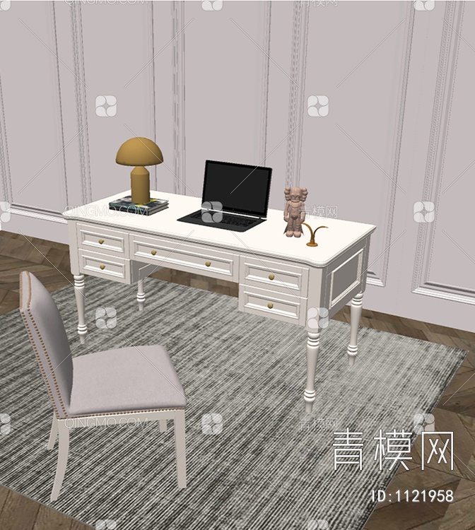 白色书桌椅SU模型下载【ID:1121958】