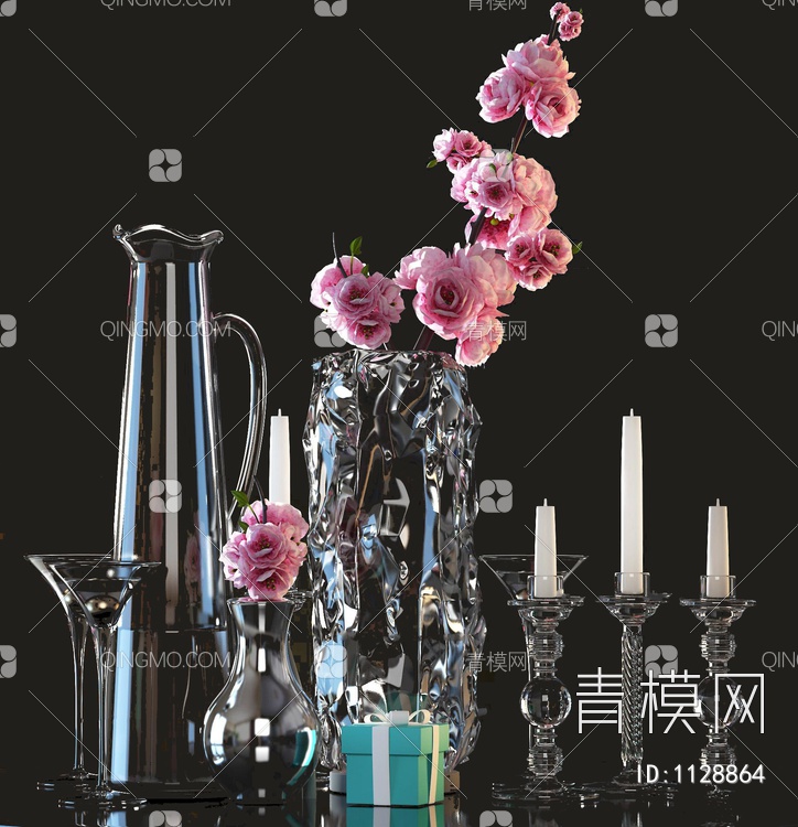 玻璃花瓶 烛台 插花摆件3D模型下载【ID:1128864】
