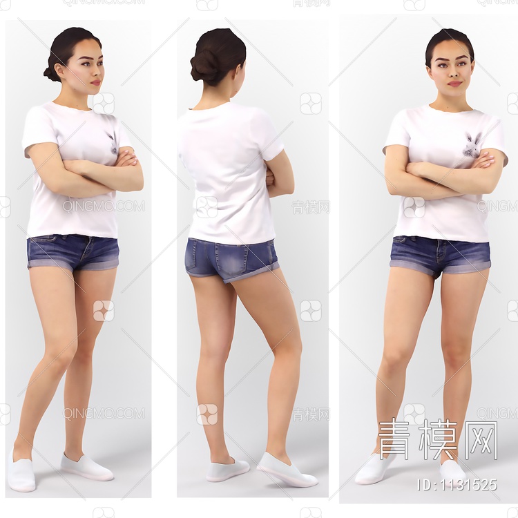 女人模特T恤短裤牛仔3D模型下载【ID:1131525】