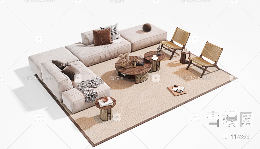 沙发茶几组合，单人休闲椅，书籍，公仔，绿植，饰品摆件3D模型下载【ID:1143531】
