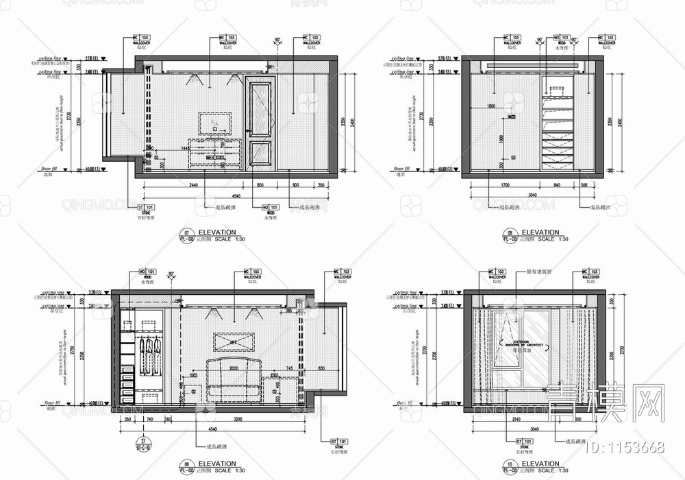 120㎡家装平层CAD施工图+效果图+材料表 私宅 大平层 样板房【ID:1153668】