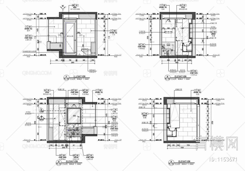 100㎡家装平层CAD施工图+效果图+材料表 私宅 大平层 样板房【ID:1153671】