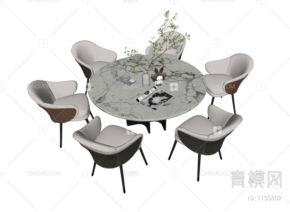 圆形大理石餐桌椅SU模型下载【ID:1155609】