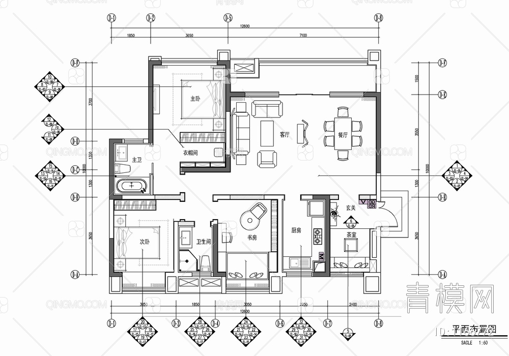 130㎡三居室家装样板房CAD平立面施工图  私宅 大平层 家装 样板房 豪宅 大宅【ID:1166772】